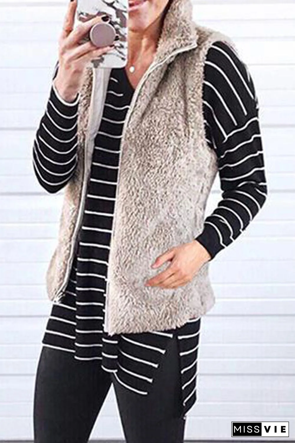 Fashion Solid Pocket Zipper Mandarin Collar Tops