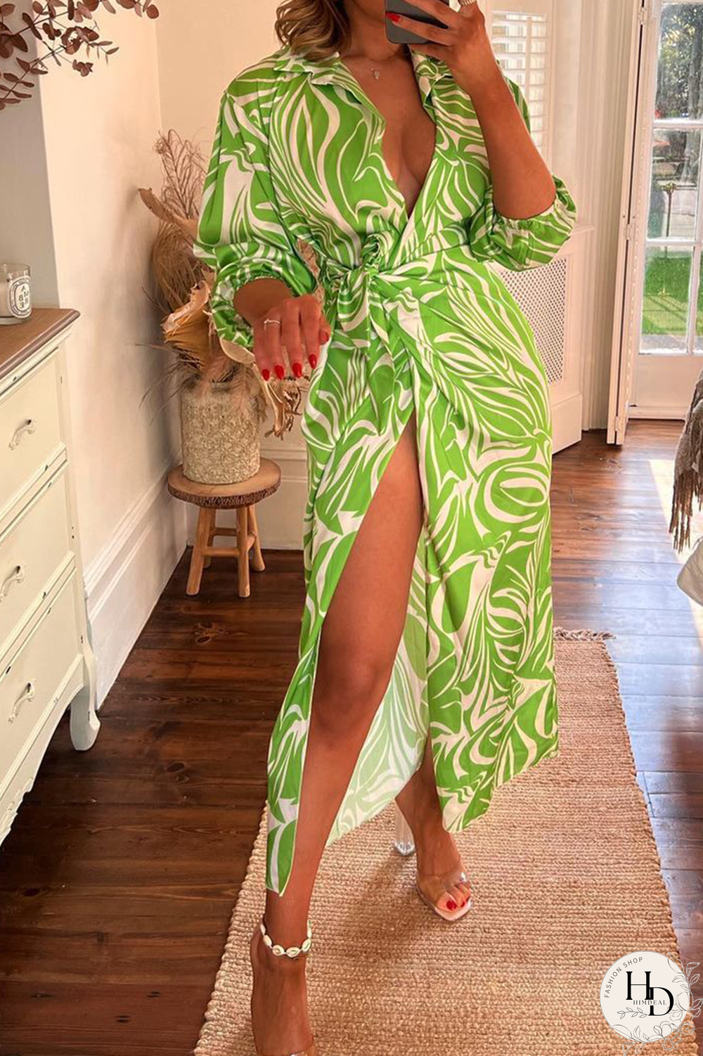 Fashion Print Split Joint V Neck Waist Skirt Dresses(3 Colors)