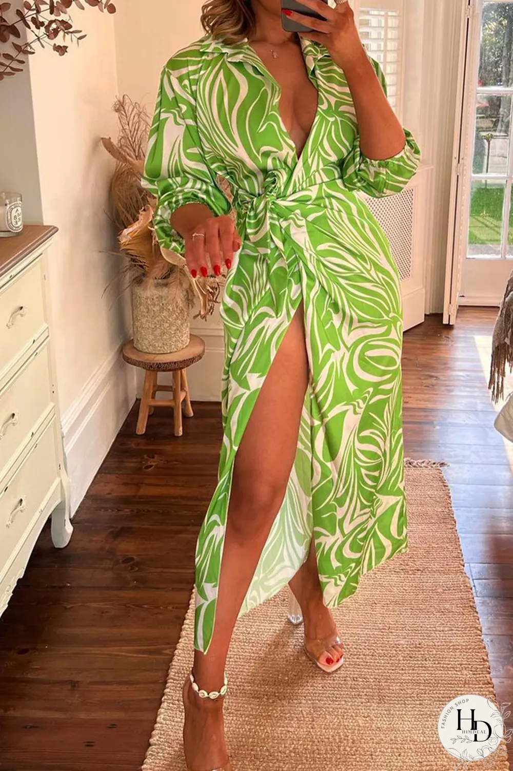 Fashion Print Split Joint V Neck Waist Skirt Dresses(3 Colors)