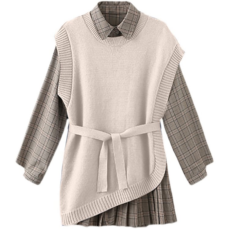 Vintage Loose Knitted Sweater Vest Pleated Dress Two Pieces Set - Modakawa Modakawa