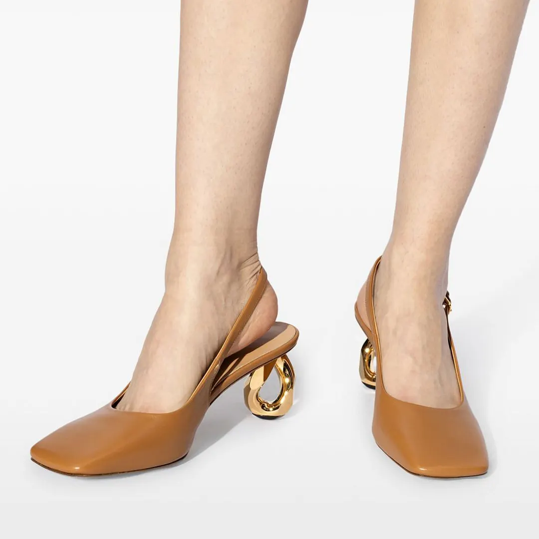YDN Tan Square Toe Decorative Heel Classic Slingback Shoes