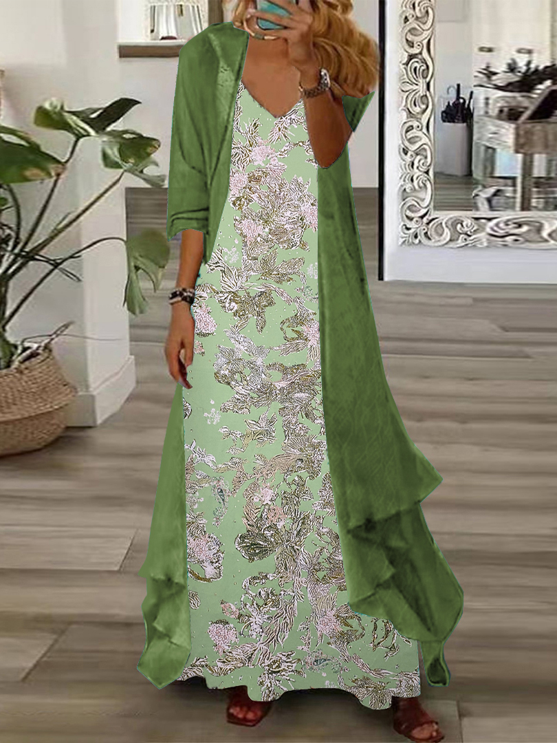 Women's Long Sleeve V-neck Graphic Printed Two Pieces Maxi Dress