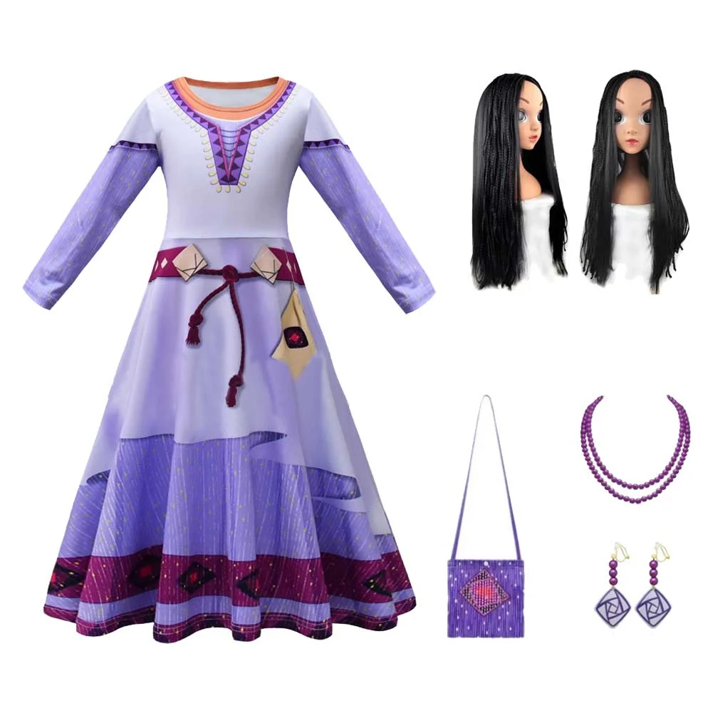 Kids Children Movie Wish 2023 Asha Purple Dress Outfits Cosplay Costume Halloween Carnival Suit