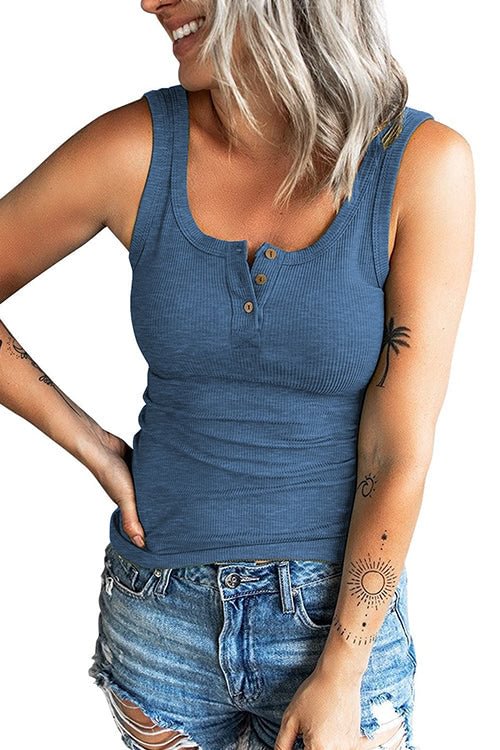 Scoop Neck Buttons Slim Fit Ribbed Tank Top