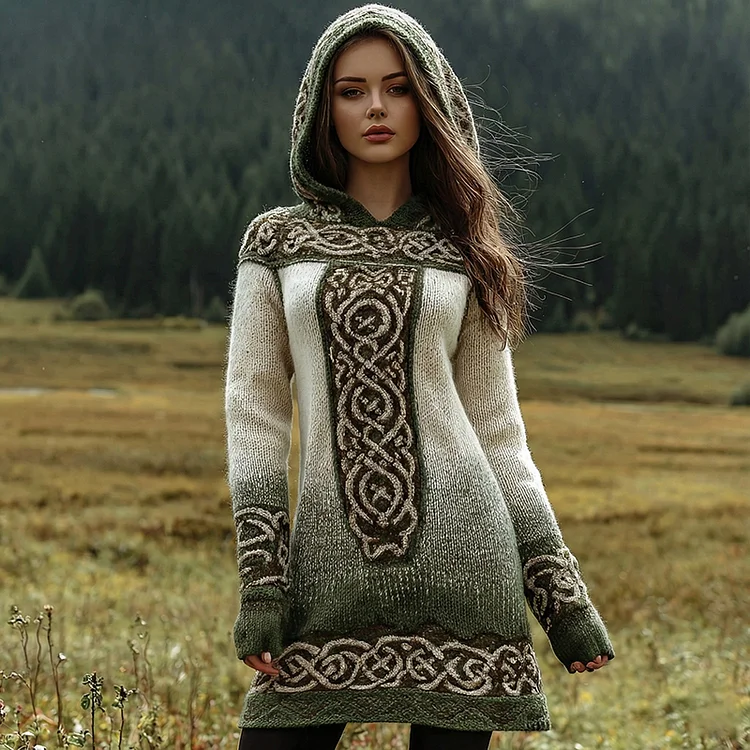 Celtic Knot Ombre Pattern Hooded Sweater Dress