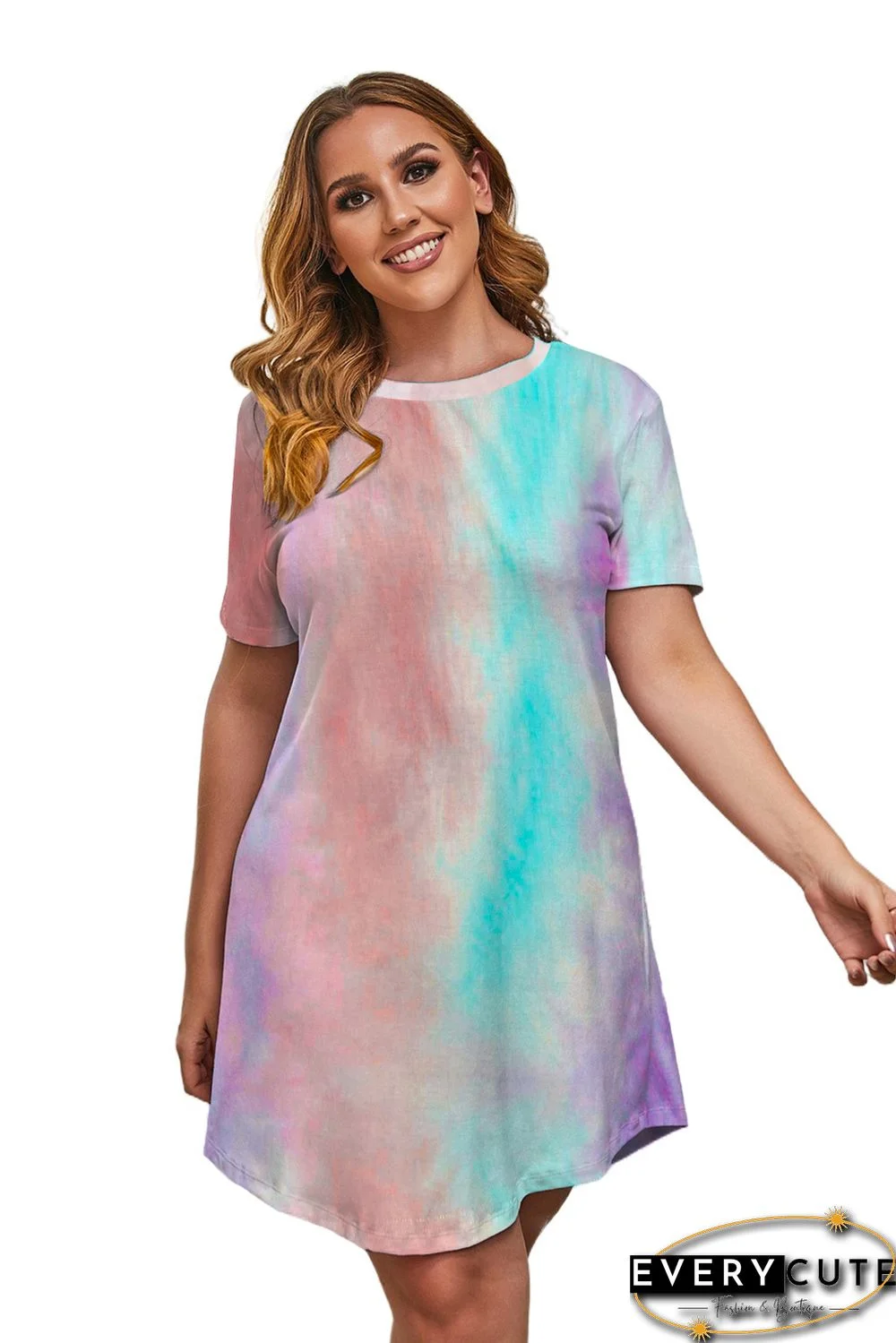 Multicolor Tie-dye Short Sleeve Plus Size Mini Dress