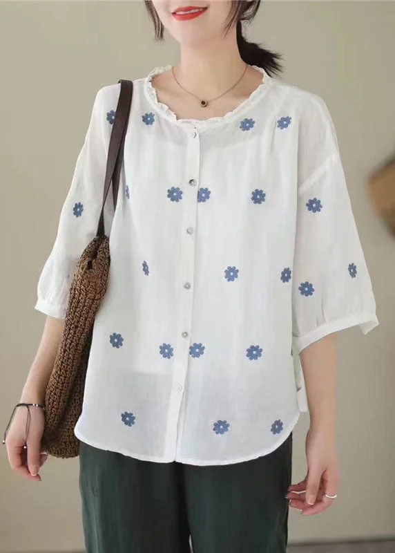 Retro White Embroideried Patchwork Linen Shirt Tops Summer