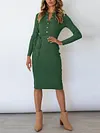 Fashion Solid Color Belted Buttoned Lapel High Waisted Long Sleeves Midi Dress