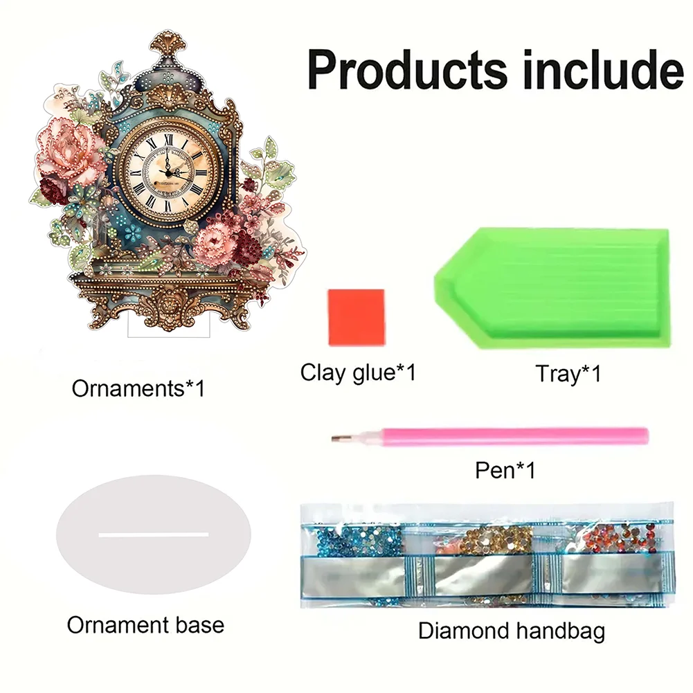 DIY Vintage Flowers Acrylic Special Shaped 5D Diamond Painting Clock Art Craft