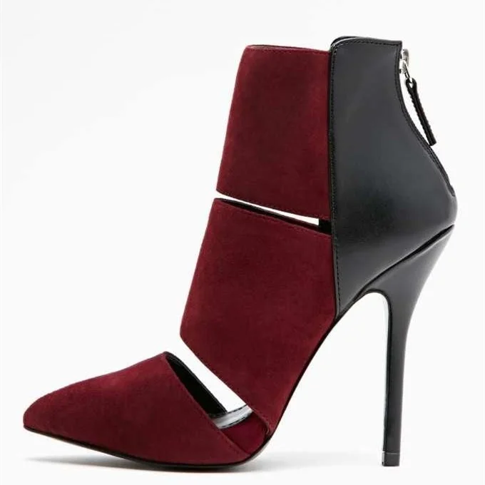Burgundy Vegan Suede and Black Cut Out Stiletto Heel Ankle Boots |FSJ Shoes