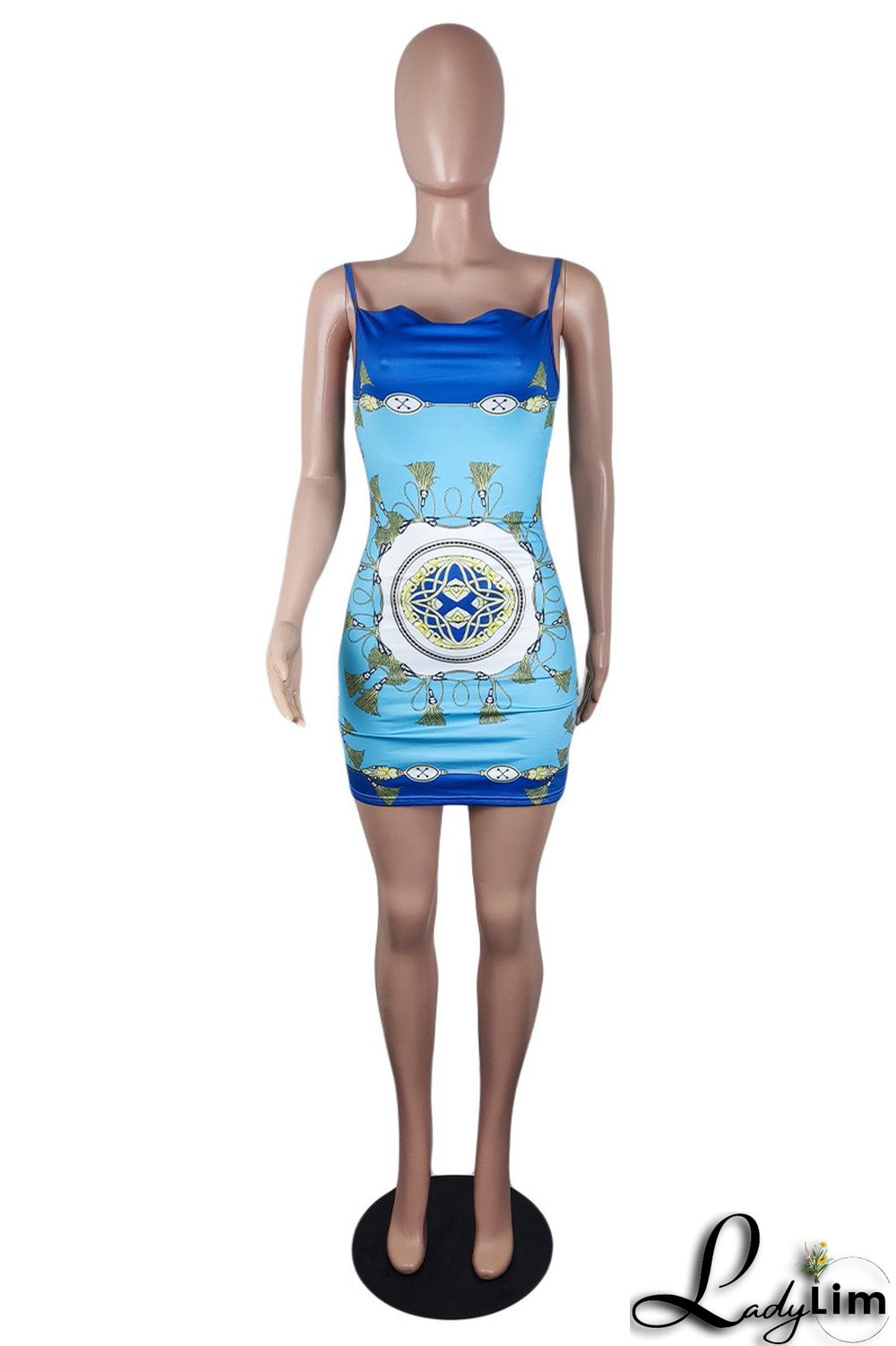 Blue Fashion Sexy Print Backless Spaghetti Strap Sleeveless Dress