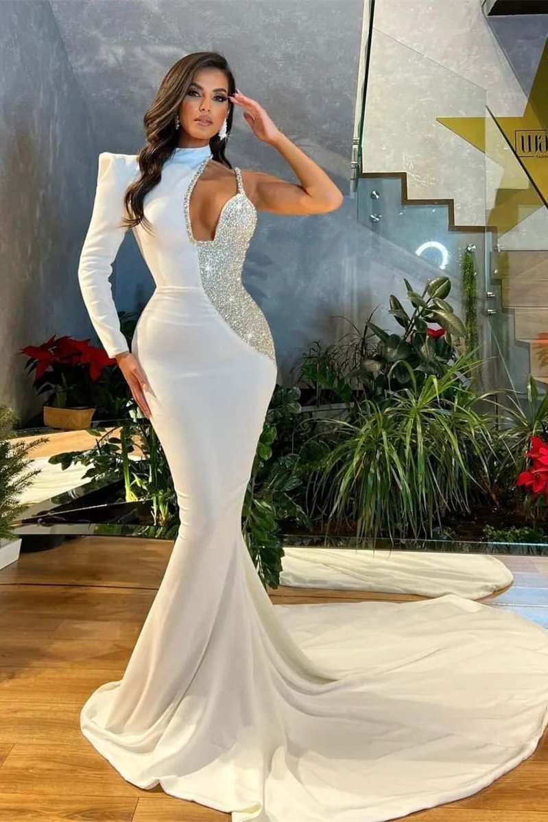 White Long Mermaid Long Sleeve Evening Dress Sequins With Spaghetti Strap | Ballbellas Ballbellas