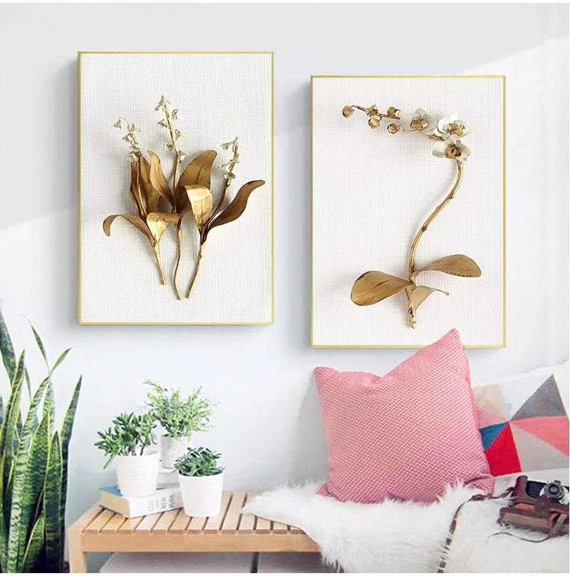 Golden plant leaves and flowers Wall art canvas painting Wall Pictures for Living Room Nordic Decoration Pictures morden decor