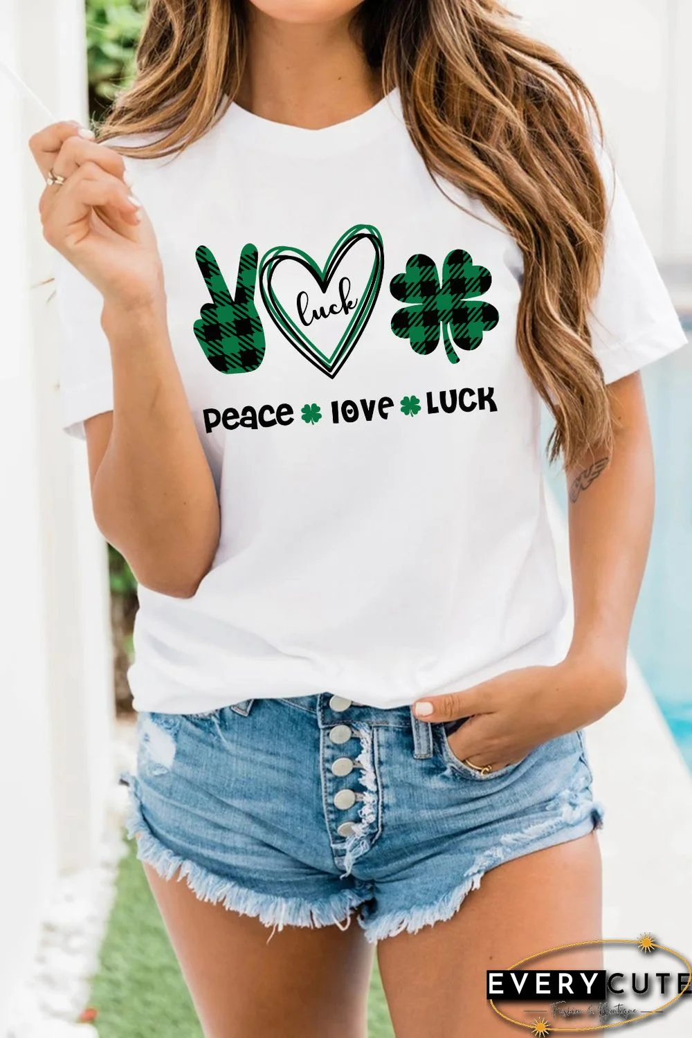 White St. Patrick's Day Letter Plaid Clover Graphic Print T-shirt