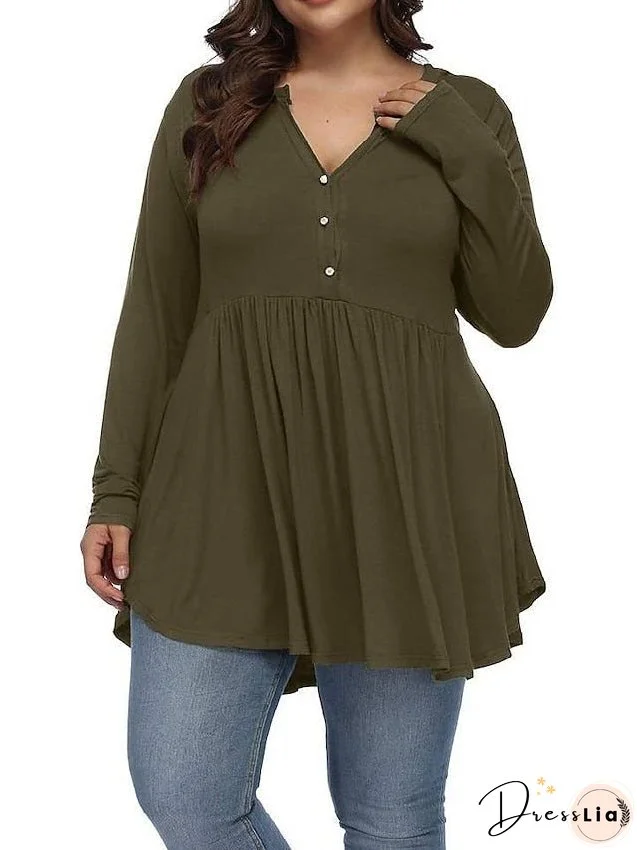 T shirt Tee Light Blue claret Deep Purple Plain Button Flowing tunic Long Sleeve Daily Weekend Basic V Neck Long Plus Size L for Women