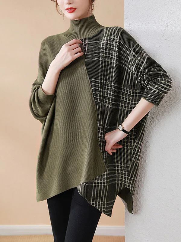 Casual Loose 3 Colors Split-Joint Plaid High-Neck Batwing Long Sleeves Sweater Top