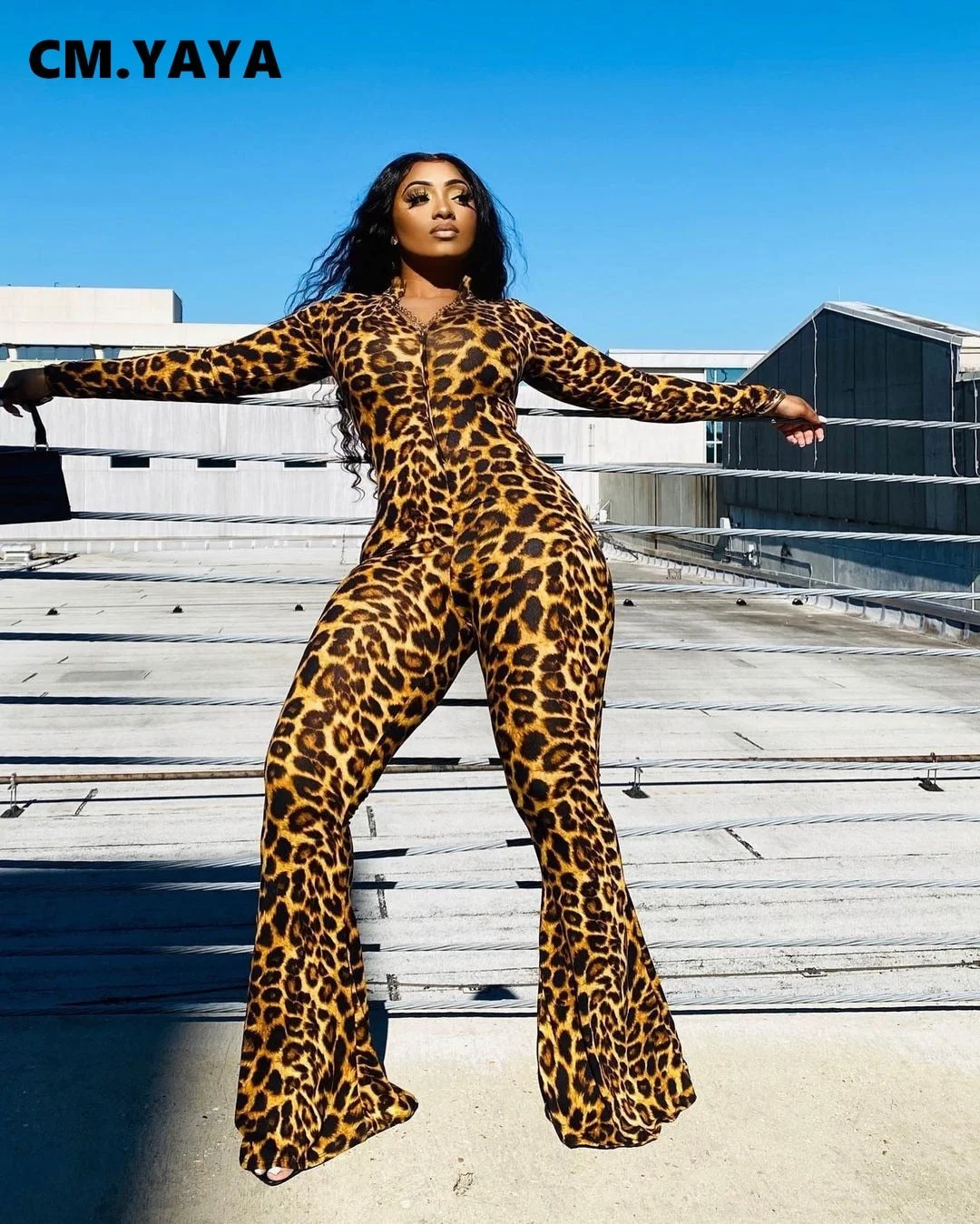 CM.YAYA Leopard Print Zipper Wide Leg Flare Jumpsuit for Women Sexy Club Partywear One Piece Overall Deep Rompers Fall winter