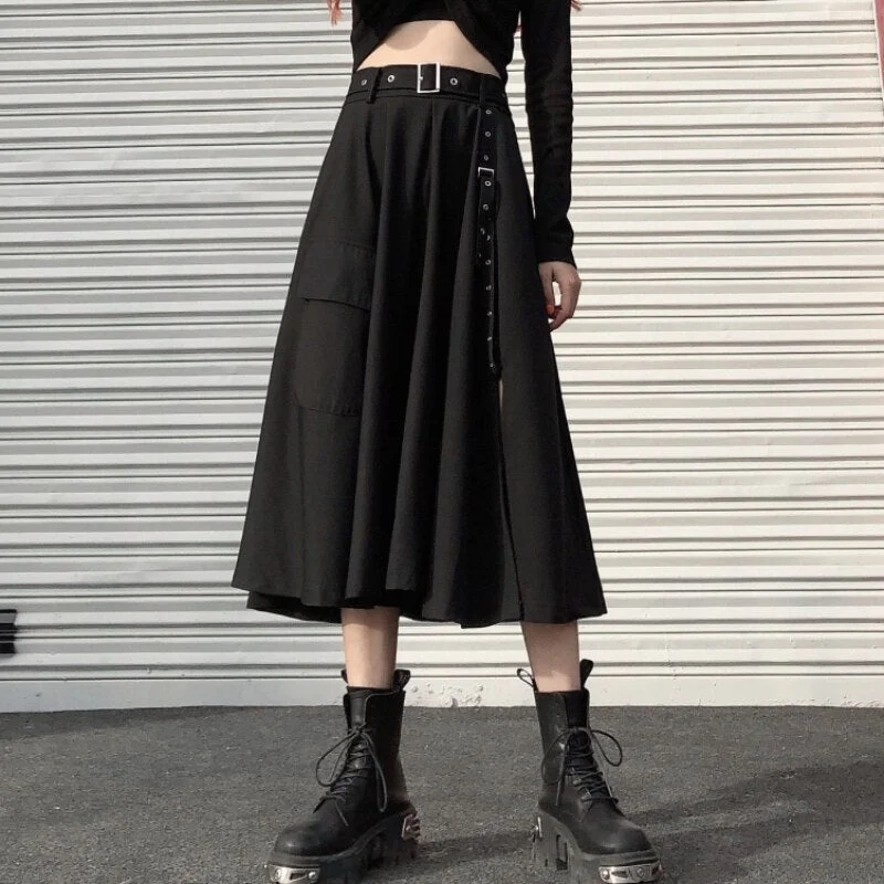 Zoki Punk Women Midi Skirt Summer Black Fashion Split High Waist Belt A Line Dark Academic Gothic Long Skirt Streetwear Faldas