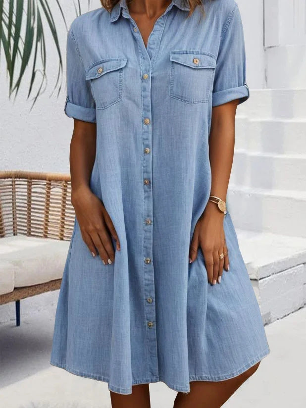 Women's Short Sleeve Shirt Collar Solid Color Buttons Midi Dress