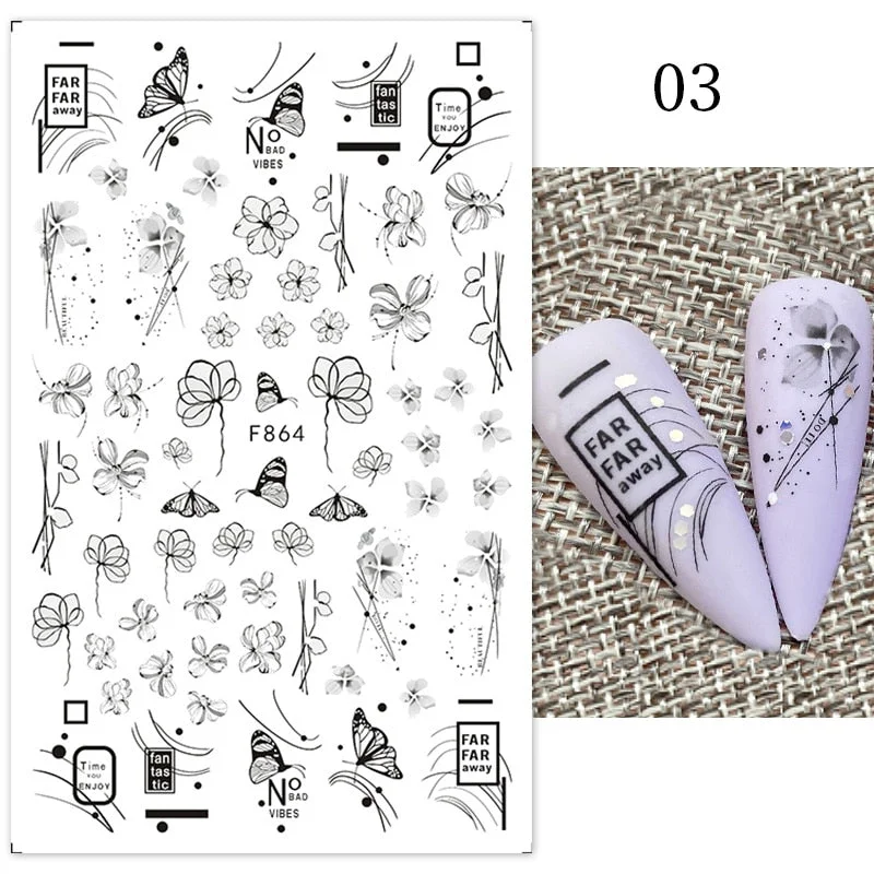1Pc Black White French 3D Nail Sticker Hollow Painting Nail Trasnfer Sliders Manicure Butterfly Star Heart Pattern Nail Decor-Nail Inspo