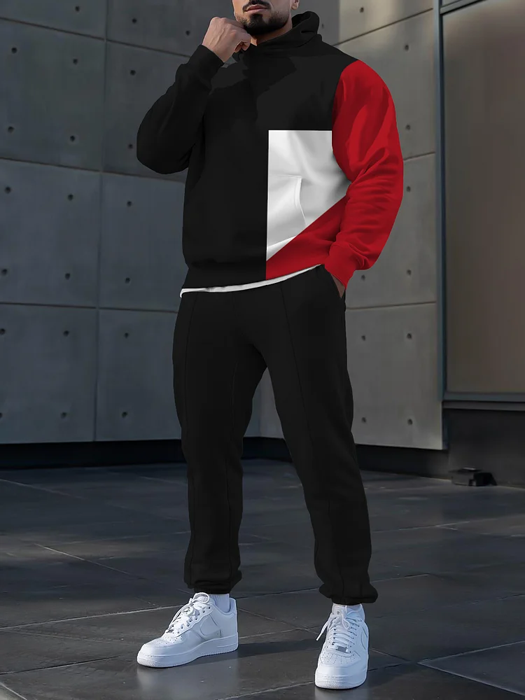Men's fashion casual color matching polo printed hoodie two-piece set