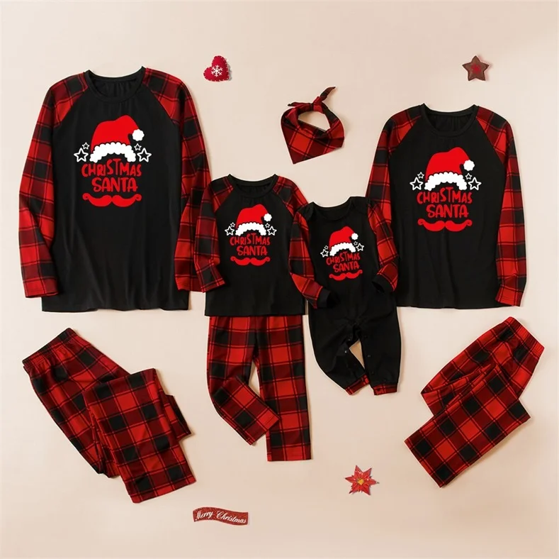 Christmas Hat Letter Plaid Print Parent-child Pajamas Set (with Pet Dog Clothes)