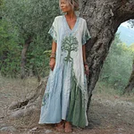 Women's Retro Tree Of Life Art Patchwork Short Sleeve Dress - Image 5