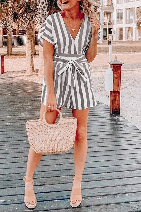 Womens Striped Stitching V-neck Belted Jumpsuit-Allyzone-Allyzone