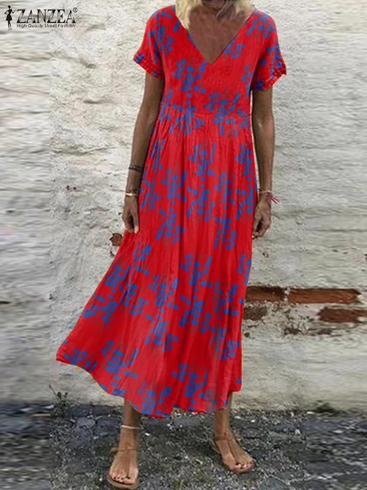 ZANZEA Summer Women Sundress Bohemian Floral Print Beach Maxi Dress Vintage V Neck Short Sleeve Oversized Dresses Kaftan Vestido