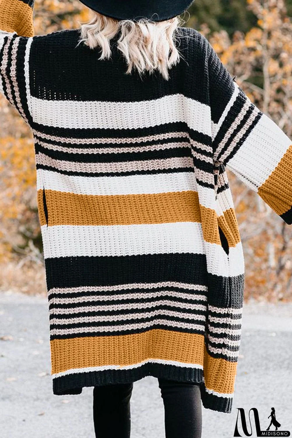 MidiSono - Pocketed Novelty Striped Chenille Cardigan