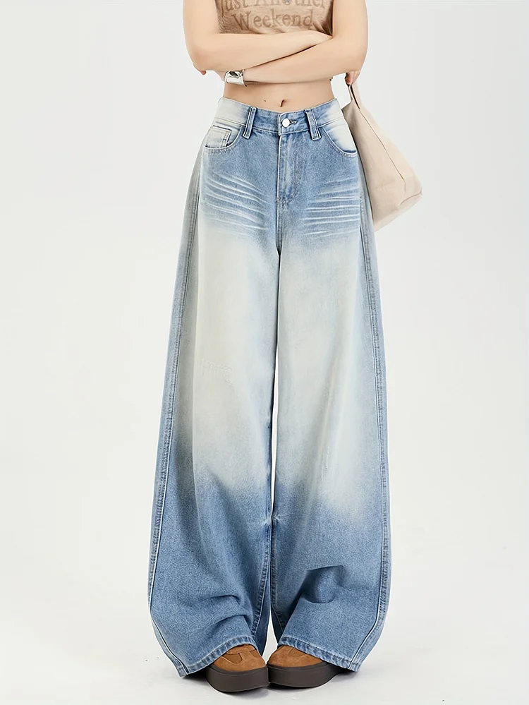 Designer Edition 2025 Spring Women's High Waist Wide Leg Jeans - Streetwear Style Straight Cut Denim Pants With Artistic Rips, Premium Stretch Fabric & Machine Washable For Spring Summer Fall