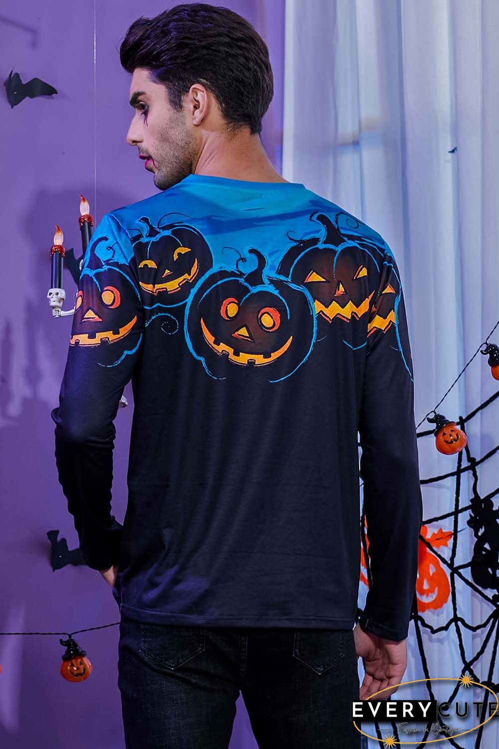 Men's 3D Halloween Pumpkin Print Knit Long Sleeve T-Shirt