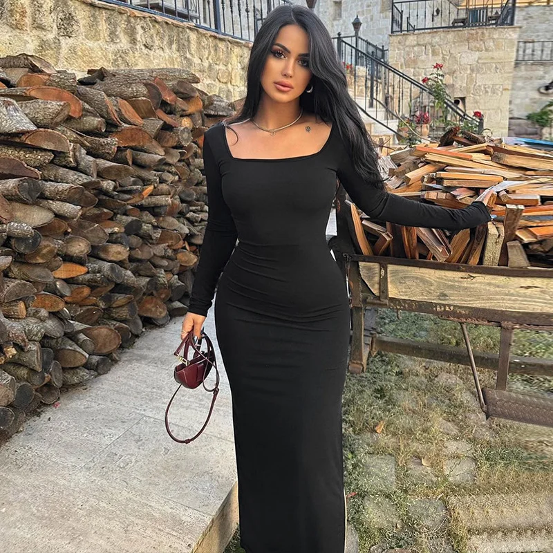 Uveng Uveng Women's Autumn And Winter New Fashion Temperament Pure Color Slim Tie With U-Neck Long-Sleeve Dress