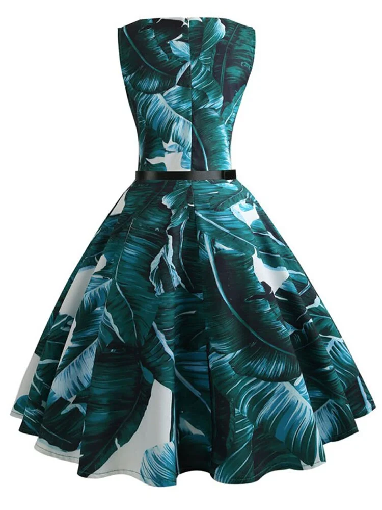 Women Vintage Floral Print Summer Dress Elegant Swing Rockabilly Party Dresses Casual Midi Tunic Beach Dress