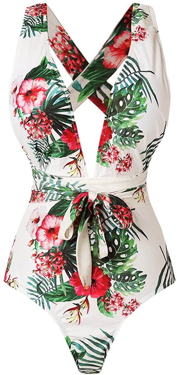 Women's Tropical Print Deep V-Neck Criss Cross Floral One Piece Swimsuit