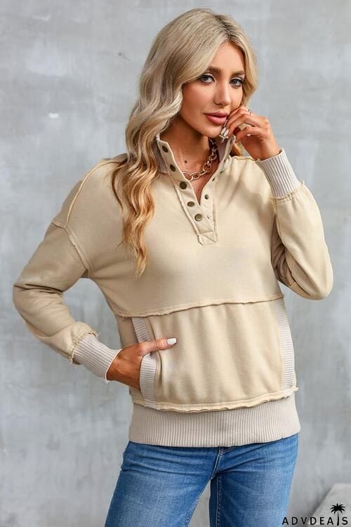 Half Snap Drop Shoulder Long Sleeve Sweatshirt