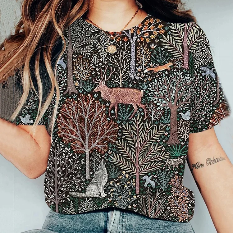 Comstylish Women's Forest Animals Deer Wolf Art Print Casual T-Shirt
