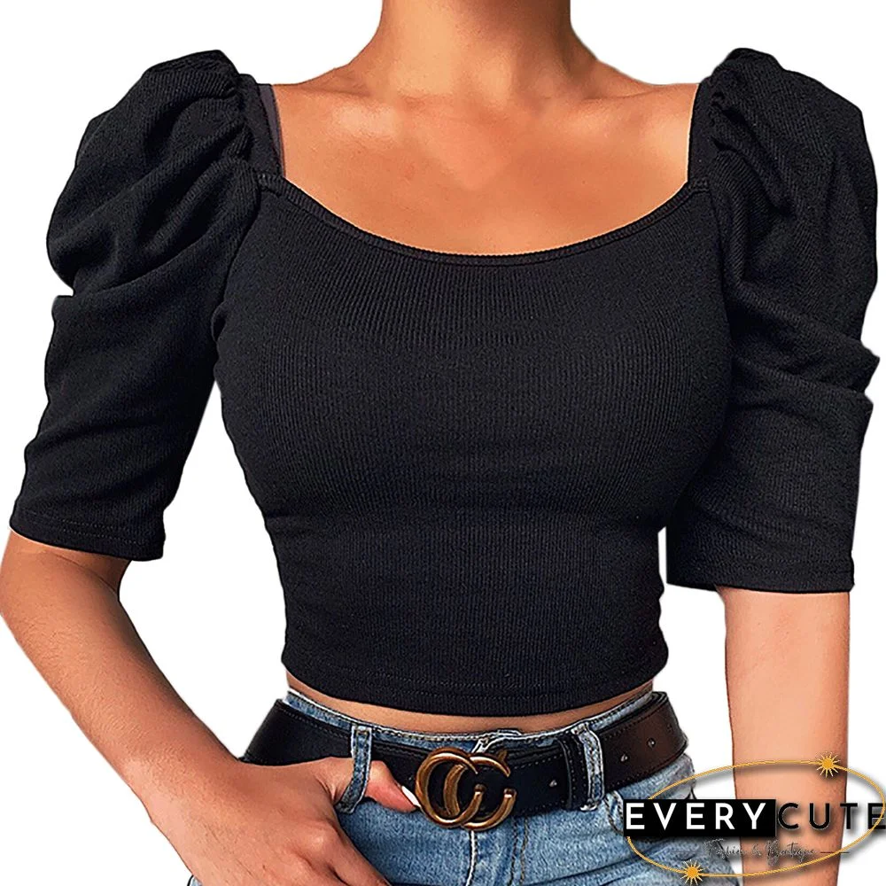 Black Square Neck Puff Sleeve Crop Tops