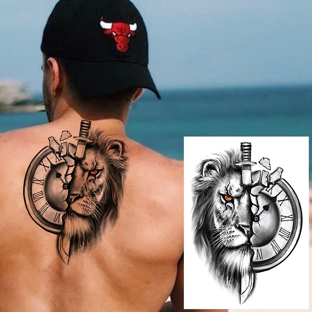 Sdrawing Lion Tiger Temporary Tattoo For Men Women Adult Kid Sword Compass Flower Tattoos Sticker Fake Black Transferable Tatoo