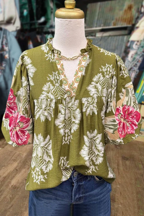 Embroidered Puff Sleeve Floral Top