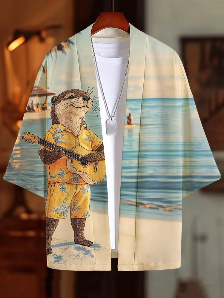 Men's Otter Playing Guitar On Seaside Vacation Print Casual Kimono Cardigan