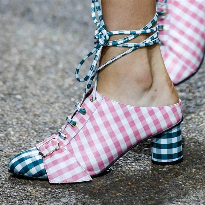 Pink and Blue Plaid Chunky Heels Ankle Strap Pumps |FSJ Shoes
