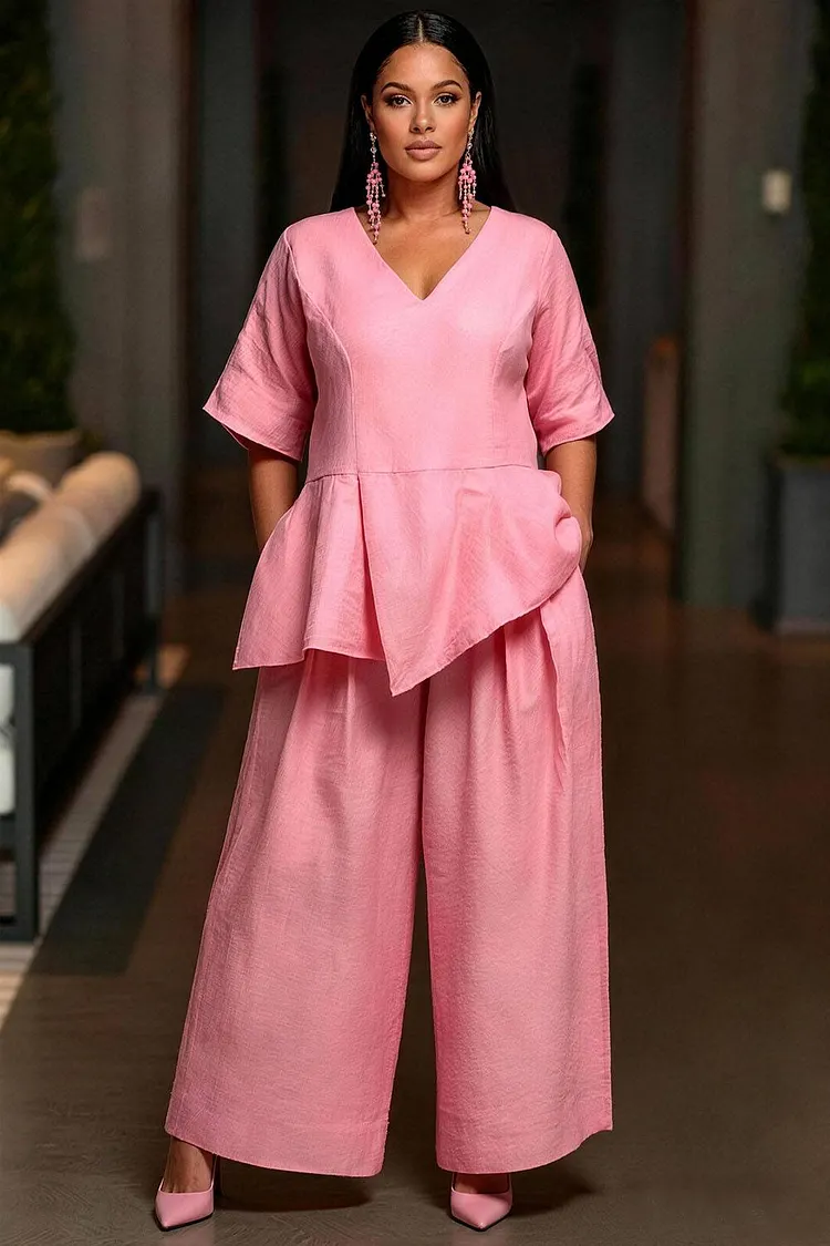 Xpluswear Design Plus Size Business Casual Pink V Neck Short Sleeve Pleated Pocket Linen Two Piece Pant Sets [Pre-Order] 2024 - Xpluswear