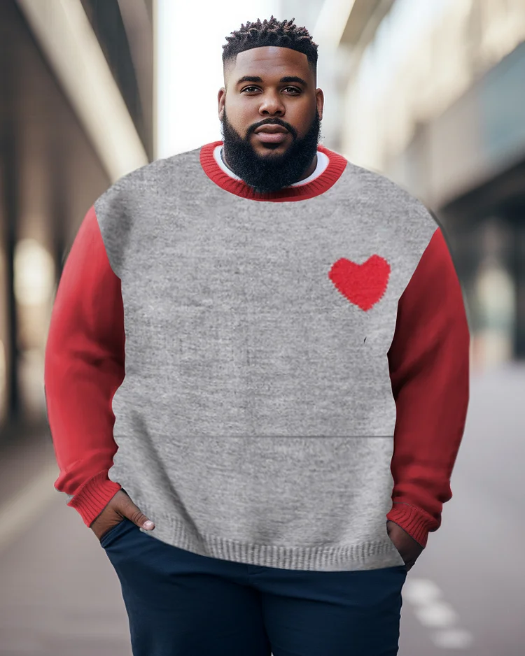 Men's Plus Size Casual Retro Color Matching Love Warm Long Sleeve Crew Neck Sweater