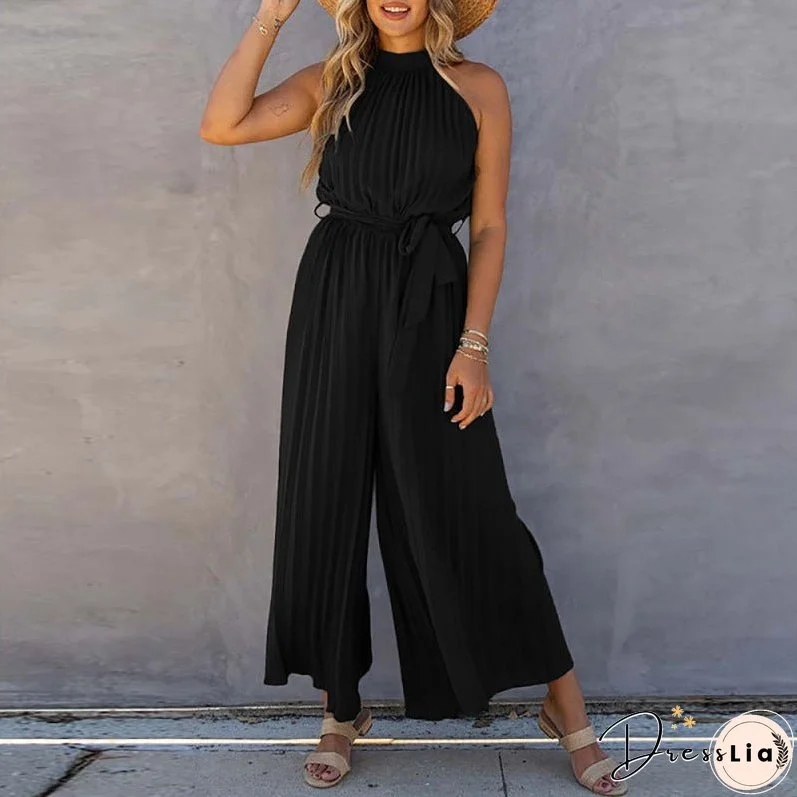 New Women's Off-Shoulder Halter Neck Pleated Jumpsuit