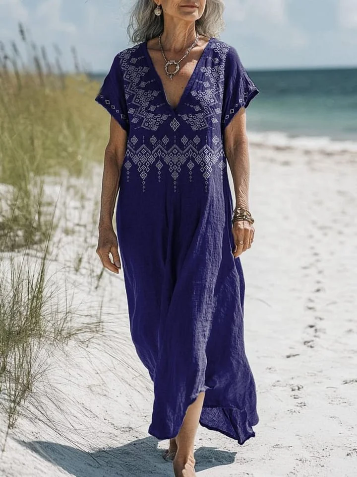 Ethnic Geometric Pattern Printed Women's Pocket Cotton Dress