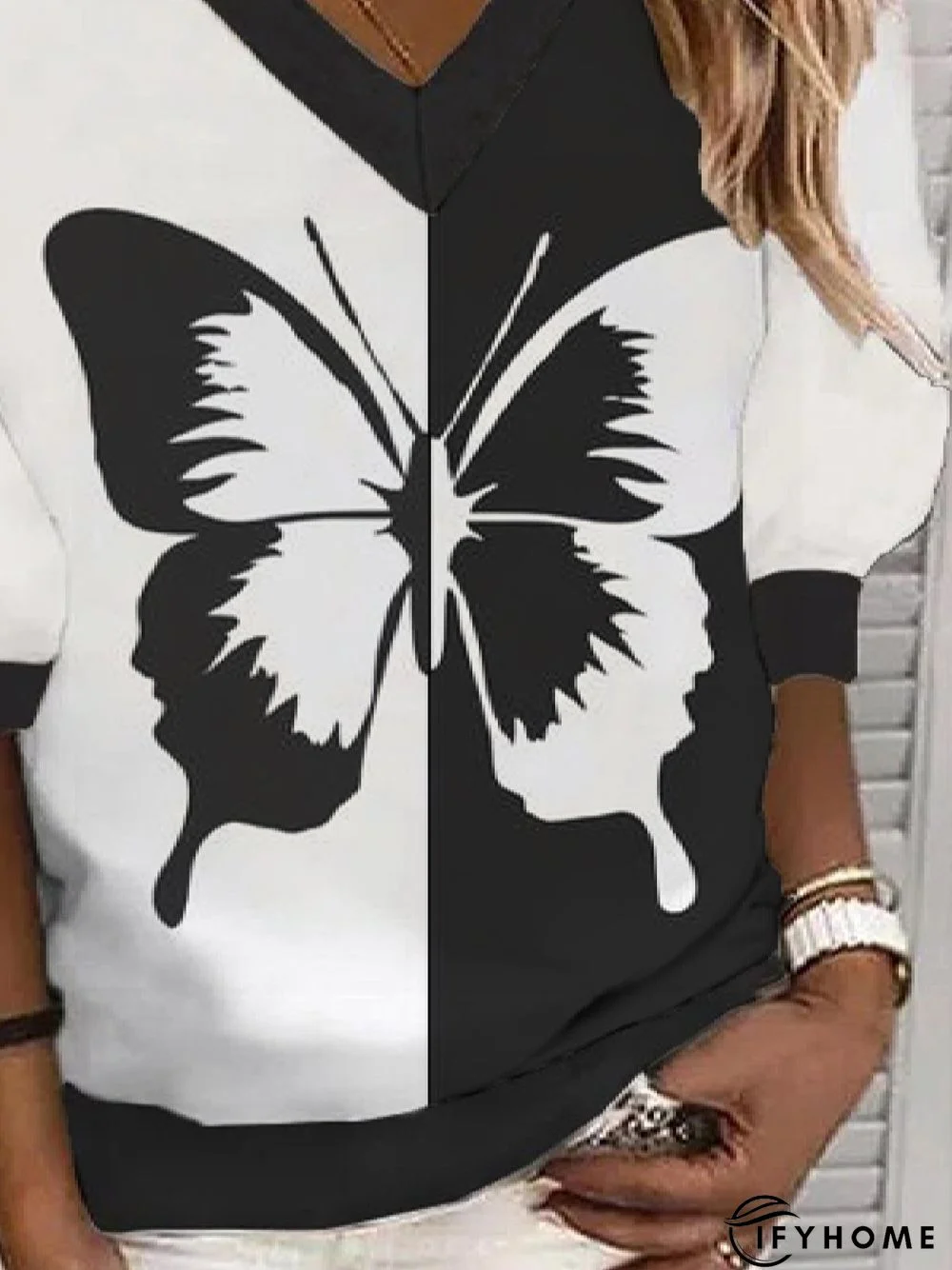 Casual Butterfly V Neck Three Quarter Sweatshirt | IFYHOME