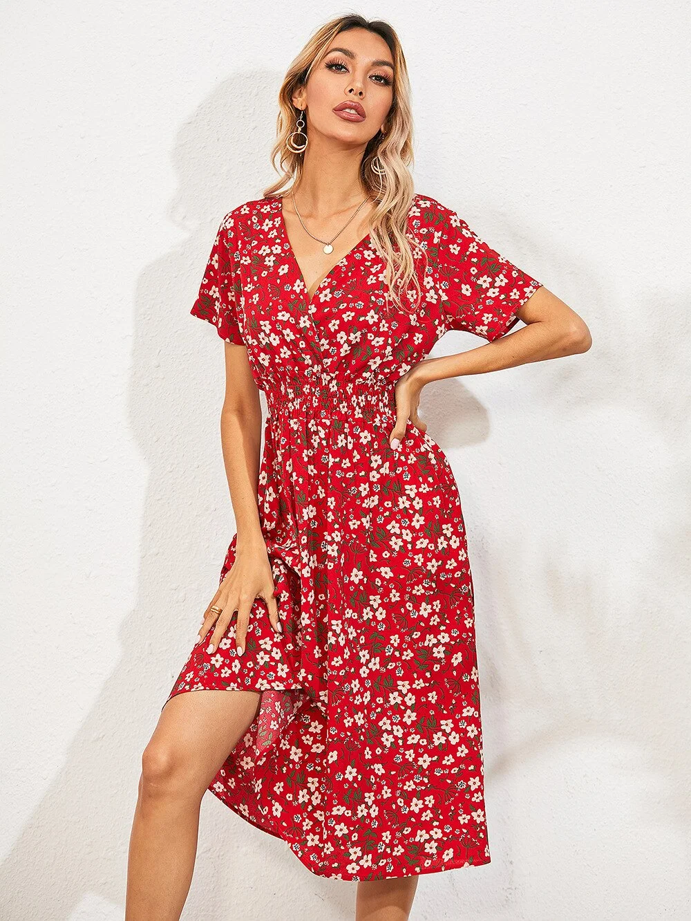 Abebey Back To School Fashion Printed V Neck Casual Loose High Waist Short Sleeve Floral  Summer For Women's Dresses 2023 Woman Vacation Dresses