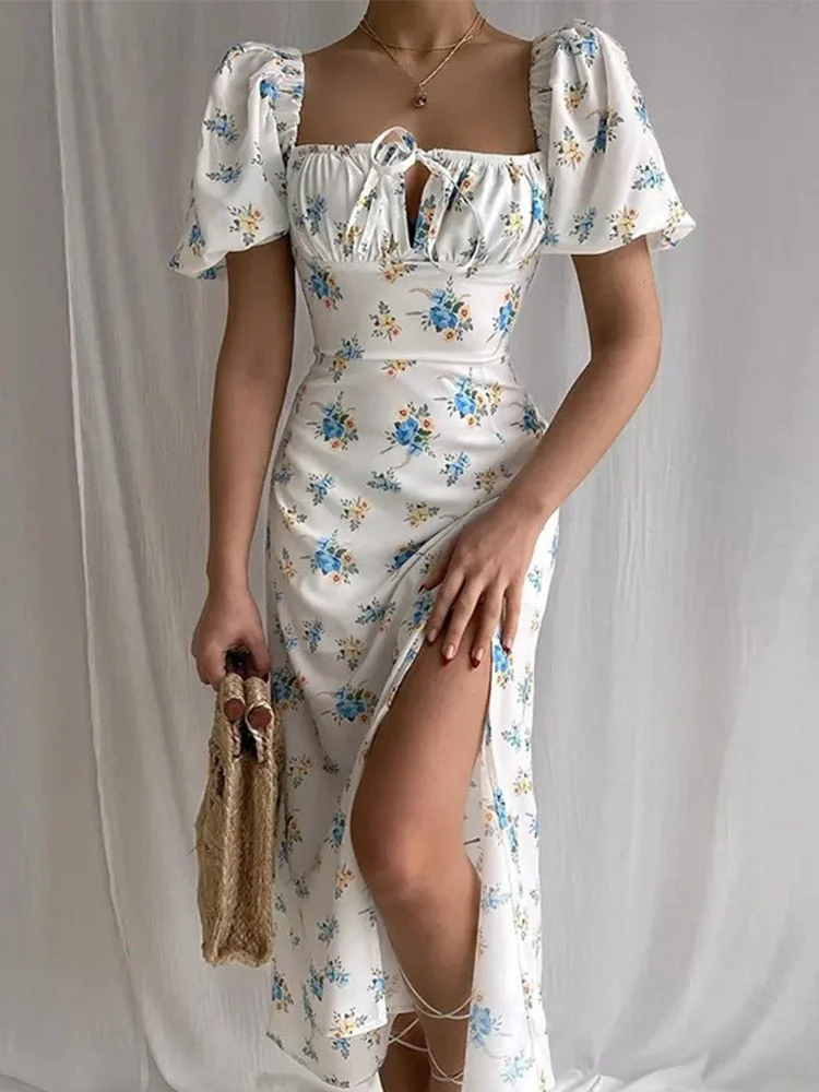 Jacqueline 2022 Puff Sleeve Midi Floral Dress Women Retro Elegant Sexy Split Sundress Casual Ruched Drawstring Dresses Summer