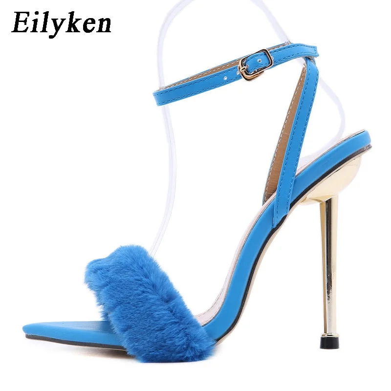 Eilyken 2022 New Pink White Women Sandals Sexy Open Toe Furry Fur Summer High-Heeled Sandals Ladies Wedding Stripper shoes